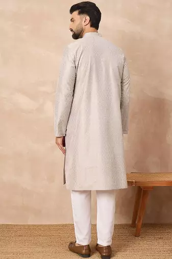 Men grey silk geometric printed straight kurta with pant set