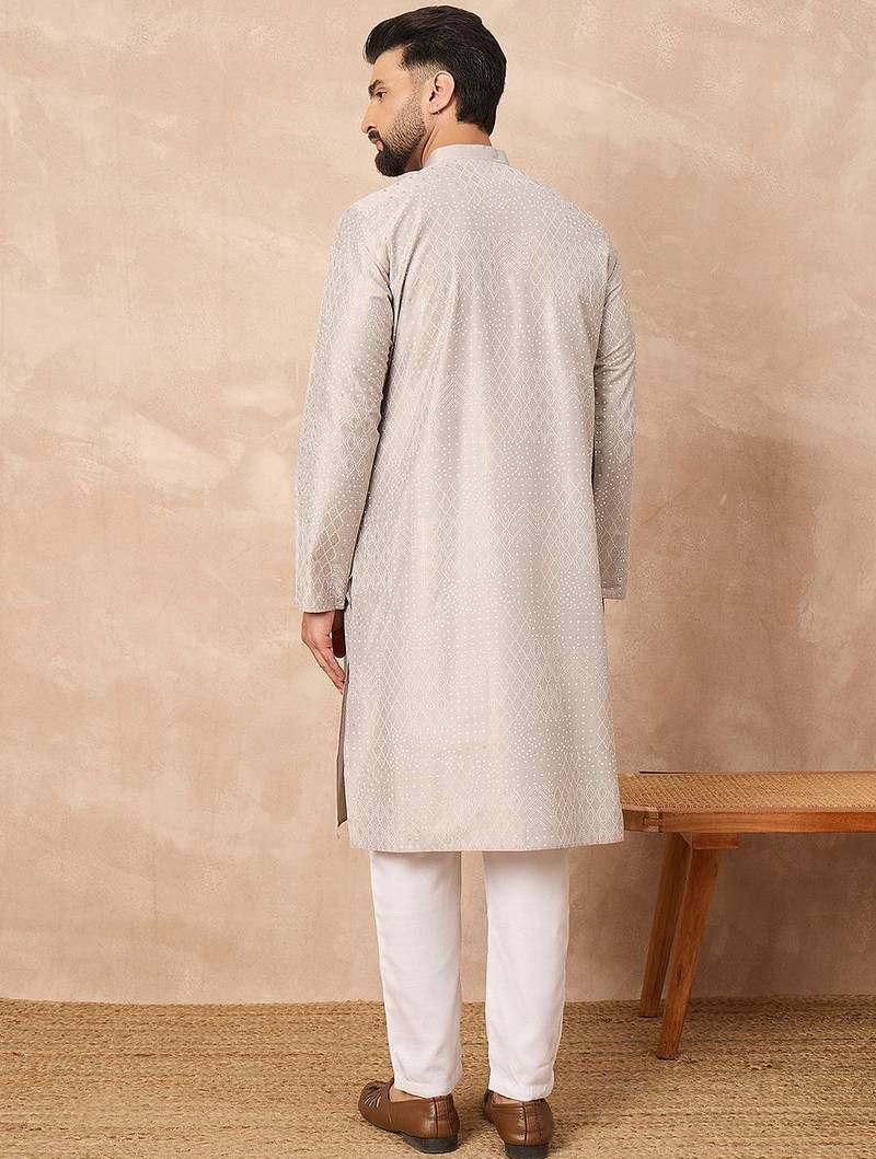 Men grey silk geometric printed straight kurta with pant set