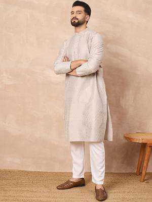 Men grey silk geometric printed straight kurta with pant set 5