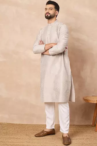 Men grey silk geometric printed straight kurta with pant set