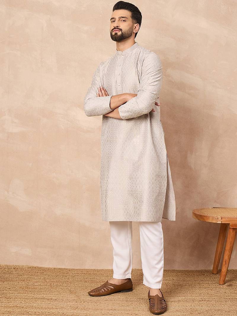 Men grey silk geometric printed straight kurta with pant set