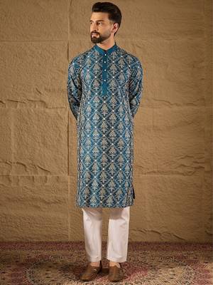 Men blue pure silk floral printed straight kurta with trouser 1