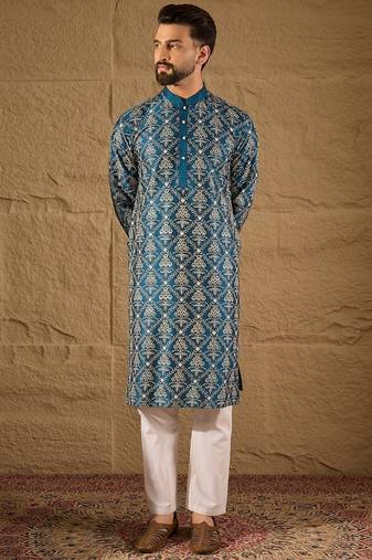Men blue pure silk floral printed straight kurta with trouser