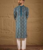 Men blue pure silk floral printed straight kurta with trouser