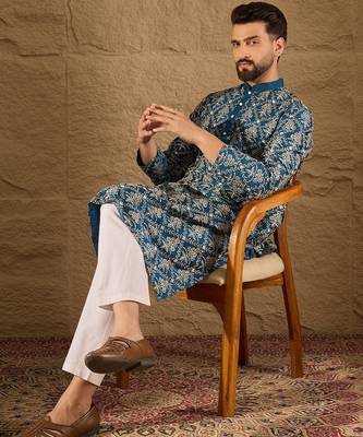 Men blue pure silk floral printed straight kurta with trouser 4