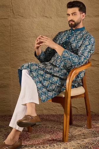 Men blue pure silk floral printed straight kurta with trouser