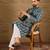Men blue pure silk floral printed straight kurta with trouser