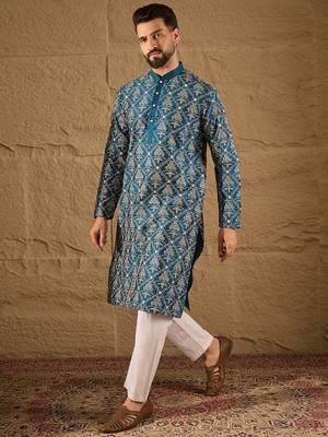 Men blue pure silk floral printed straight kurta with trouser 5