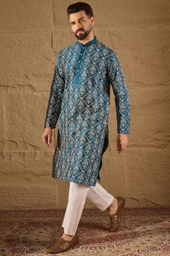 Men blue pure silk floral printed straight kurta with trouser