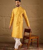 Men yellow pure silk geometric printed straight kurta with trousers