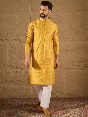 Men yellow pure silk geometric printed straight kurta with trousers 2