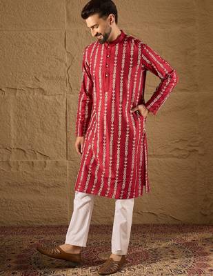 Men maroon viscose rayon ethnic motifs printed straight kurta with trouser 1