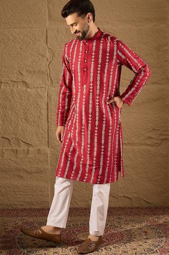 Men maroon viscose rayon ethnic motifs printed straight kurta with trouser