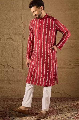 Men maroon viscose rayon ethnic motifs printed straight kurta with trouser