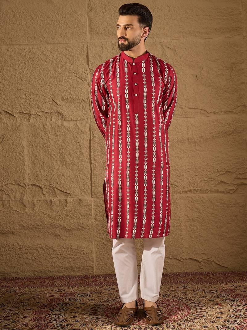 Men maroon viscose rayon ethnic motifs printed straight kurta with trouser