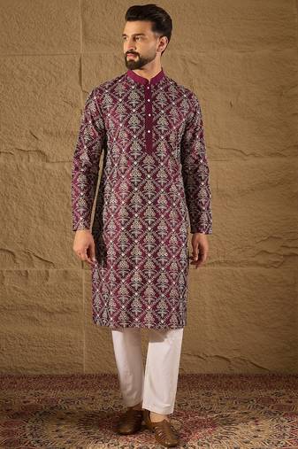 Men purple pure silk floral printed straight kurta with trouser