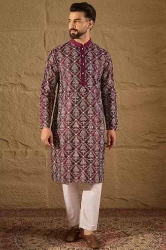 Men purple pure silk floral printed straight kurta with trouser