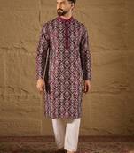 Men purple pure silk floral printed straight kurta with trouser