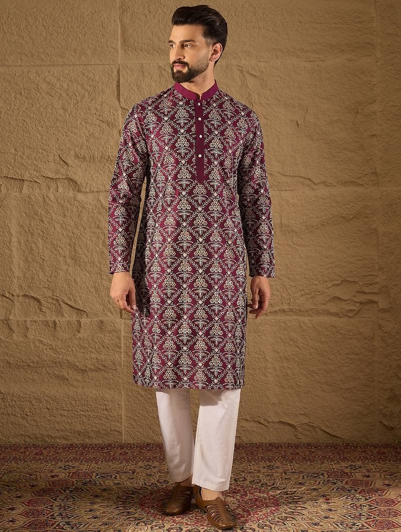 Men purple pure silk floral printed straight kurta with trouser