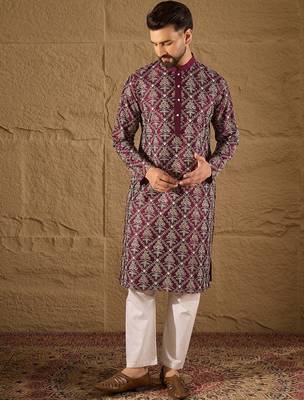 Men purple pure silk floral printed straight kurta with trouser 3