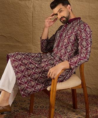 Men purple pure silk floral printed straight kurta with trouser 4