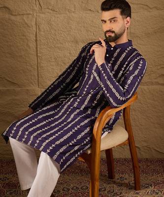 Men purple viscose rayon ethnic motifs printed straight kurta with trousers 1