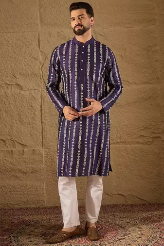 Men purple viscose rayon ethnic motifs printed straight kurta with trousers