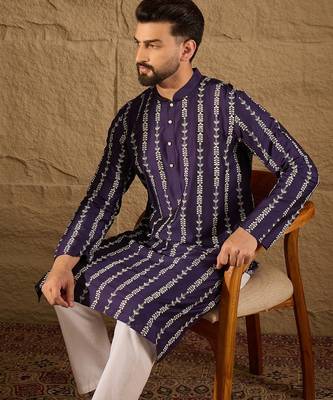 Men purple viscose rayon ethnic motifs printed straight kurta with trousers 3