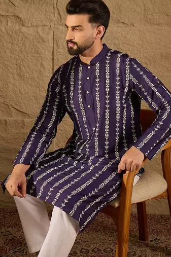 Men purple viscose rayon ethnic motifs printed straight kurta with trousers