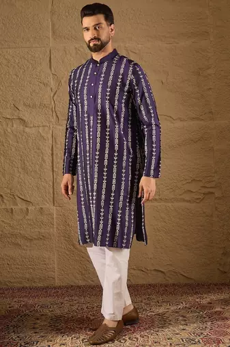 Men purple viscose rayon ethnic motifs printed straight kurta with trousers