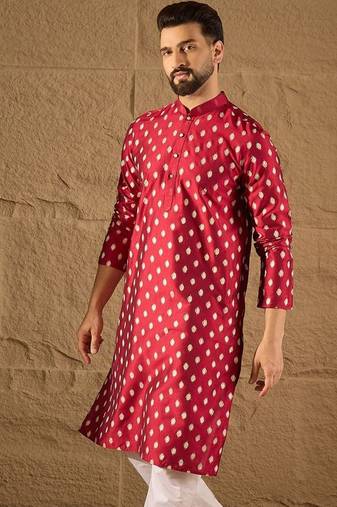 Men maroon silk ikat printed straight kurta with pant set