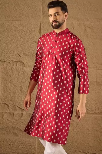 Men maroon silk ikat printed straight kurta with pant set