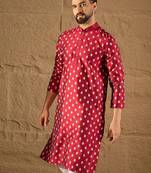 Men maroon silk ikat printed straight kurta with pant set