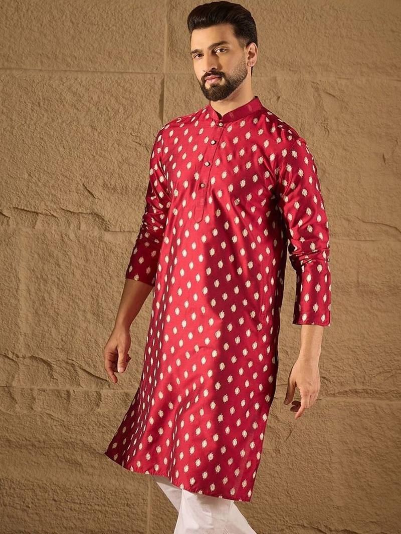 Men maroon silk ikat printed straight kurta with pant set