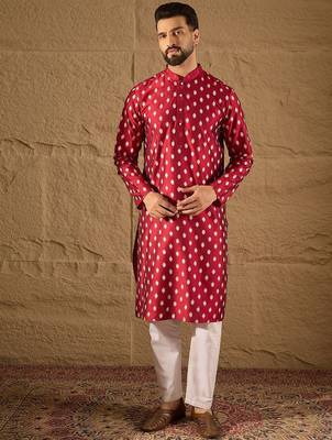 Men maroon silk ikat printed straight kurta with pant set 2