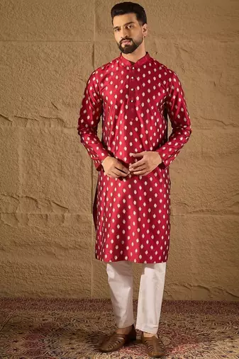 Men maroon silk ikat printed straight kurta with pant set