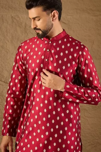 Men maroon silk ikat printed straight kurta with pant set
