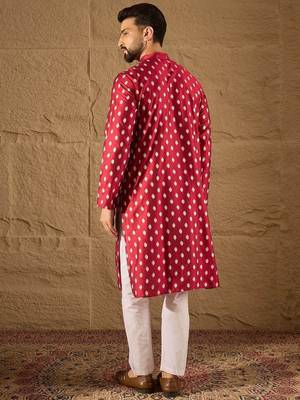Men maroon silk ikat printed straight kurta with pant set 4