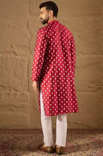 Men maroon silk ikat printed straight kurta with pant set