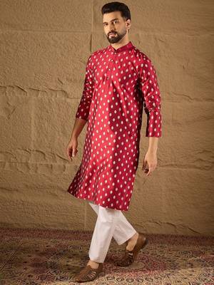 Men maroon silk ikat printed straight kurta with pant set 5