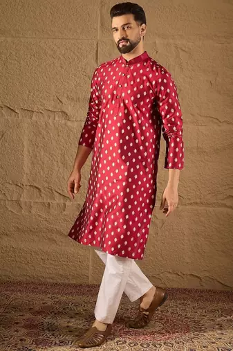Men maroon silk ikat printed straight kurta with pant set