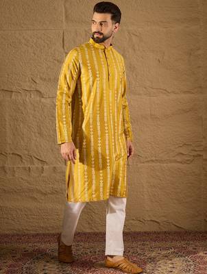 Men yellow viscose rayon ethnic motifs printed straight kurta with trousers 3