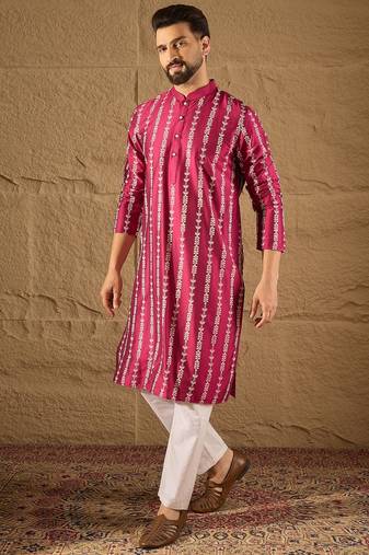 Men pink pure silk ethnic motifs printed straight kurta with trousers