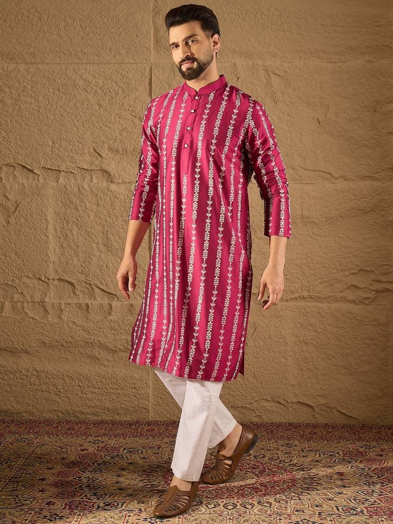 Men pink pure silk ethnic motifs printed straight kurta with trousers