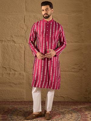 Men pink pure silk ethnic motifs printed straight kurta with trousers 2