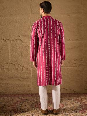 Men pink pure silk ethnic motifs printed straight kurta with trousers 4