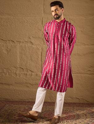 Men pink pure silk ethnic motifs printed straight kurta with trousers 5
