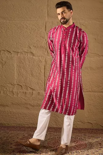Men pink pure silk ethnic motifs printed straight kurta with trousers