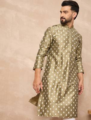 Men olive pure silk abstract printed straight kurta with trousers 1