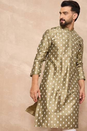 Men olive pure silk abstract printed straight kurta with trousers